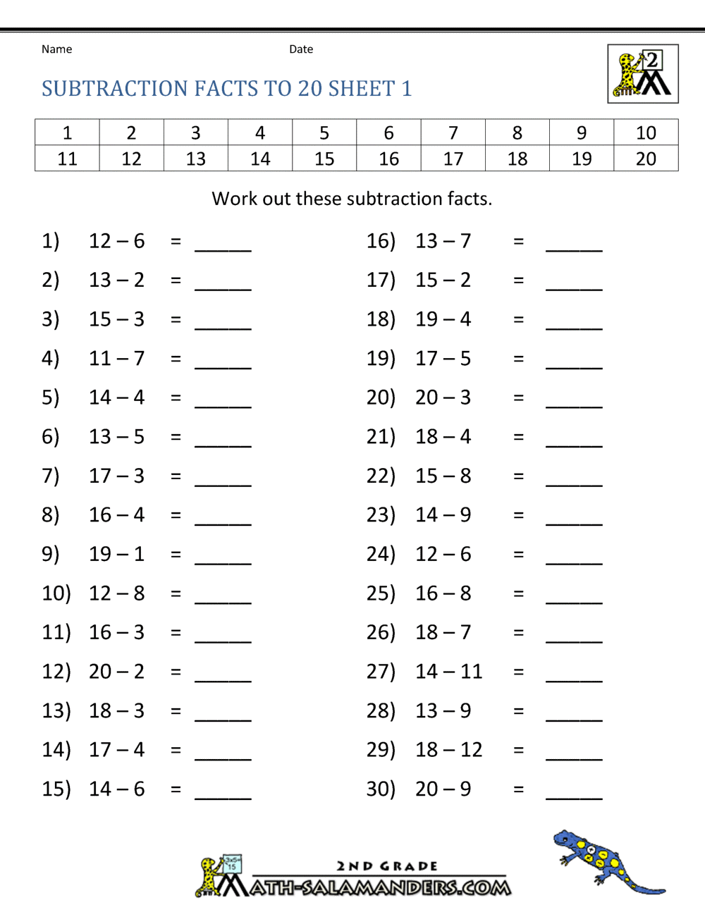 Subtraction To 20