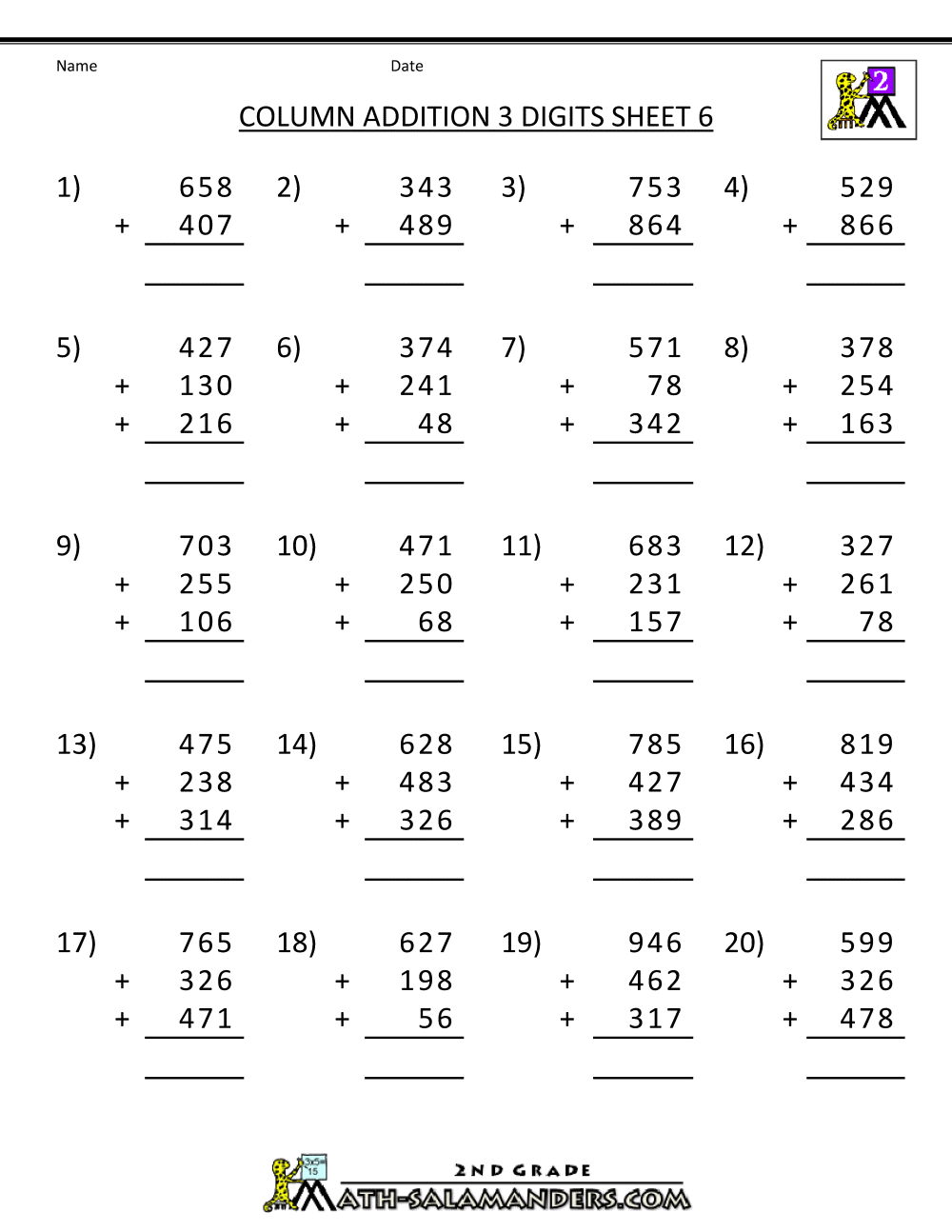 Free Printable Addition Worksheets 3 Digits