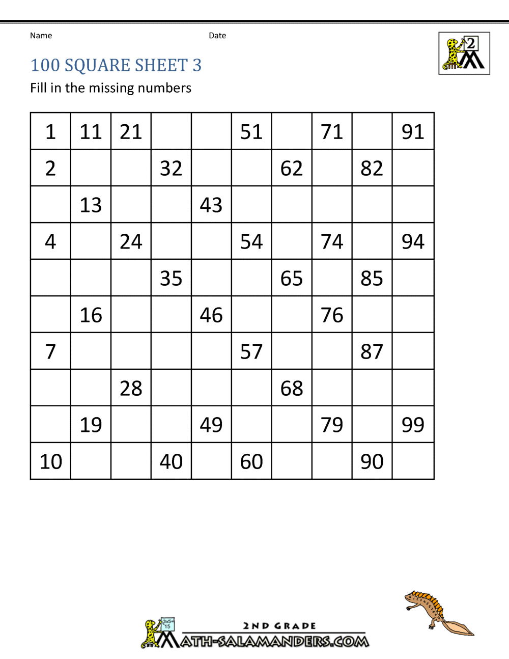 Number Square Worksheets