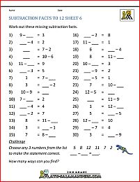 Free Subtraction Worksheets to 12