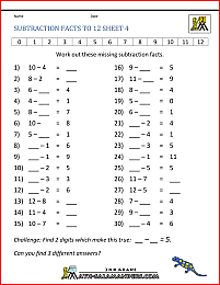 Free Subtraction Worksheets to 12