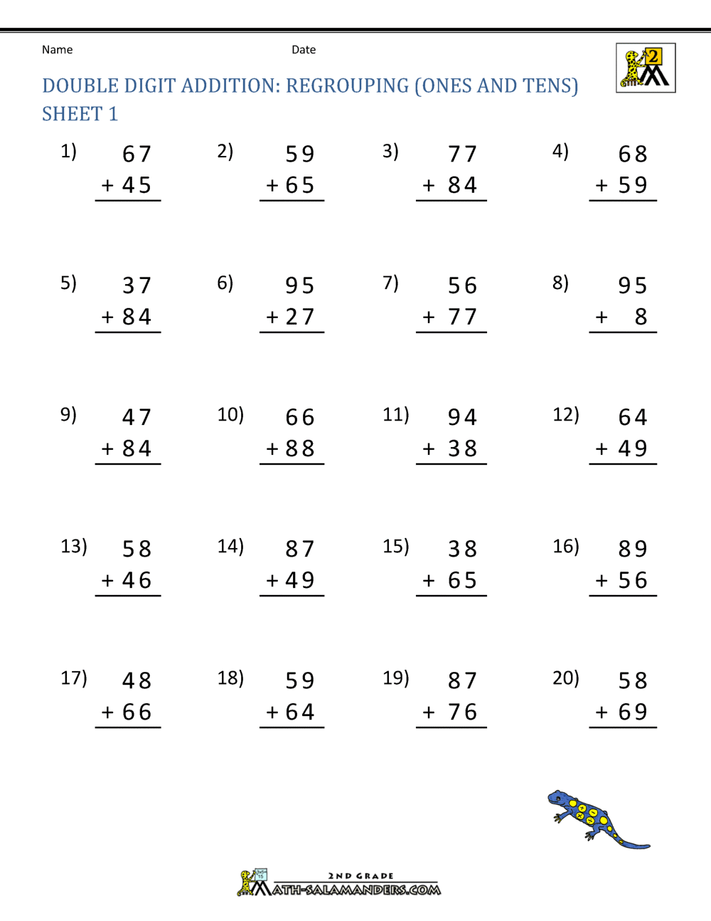 2 Digit Addition With Regrouping Worksheets 2nd Grade Printable