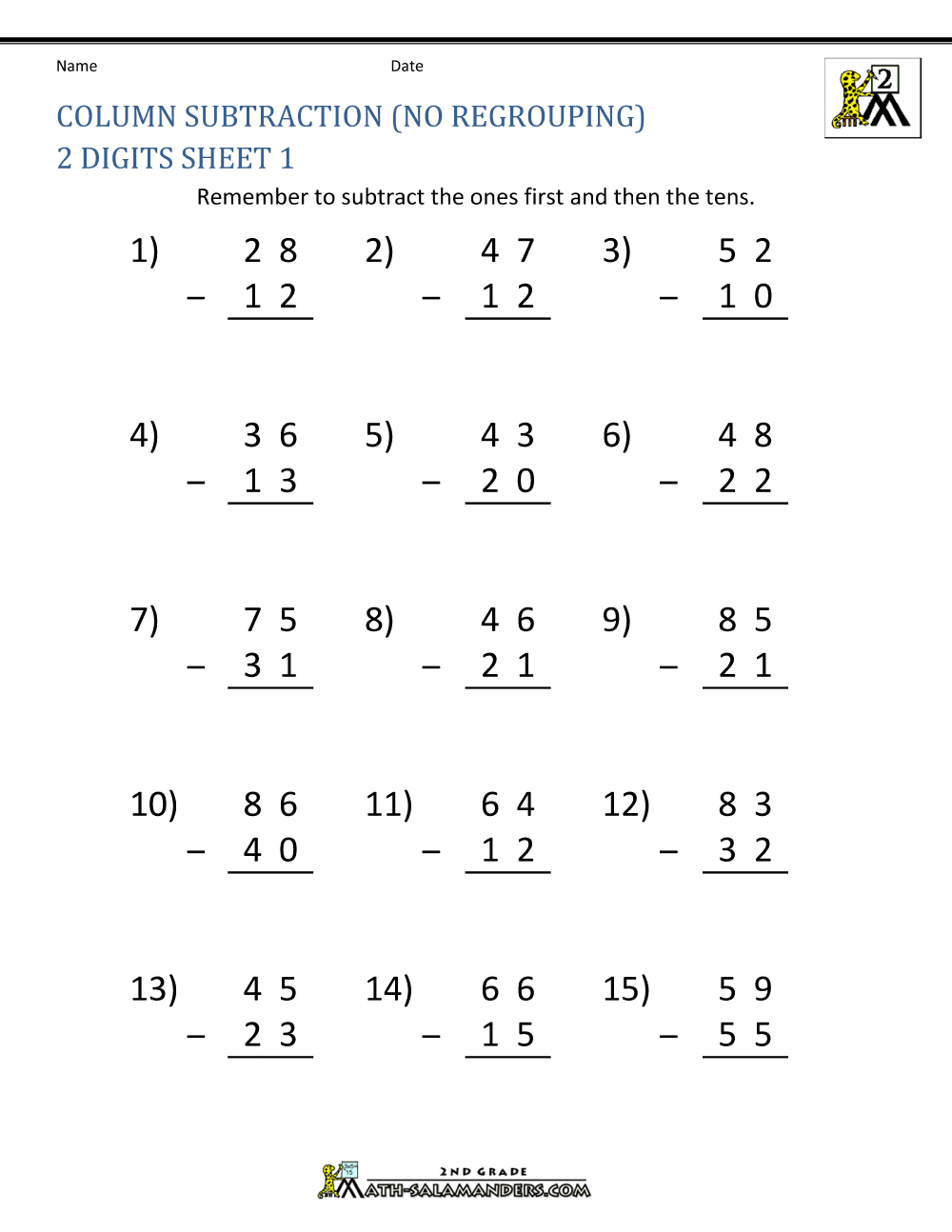 Double Digit Subtraction Without Regrouping Printable : Two Digit