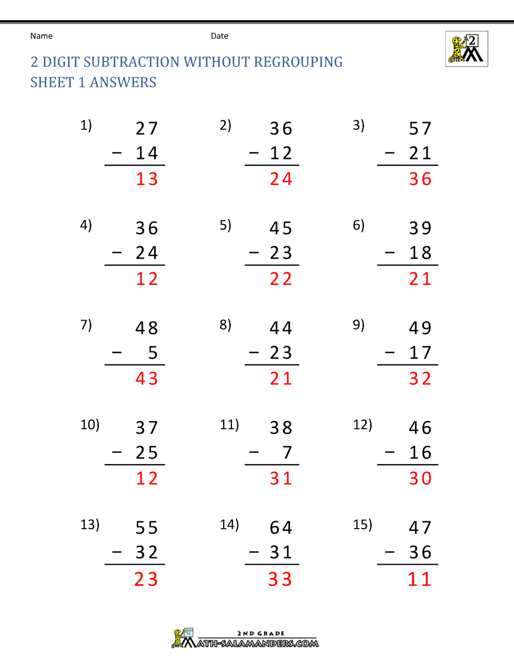 2 Digit Subtraction Without Regrouping Worksheets