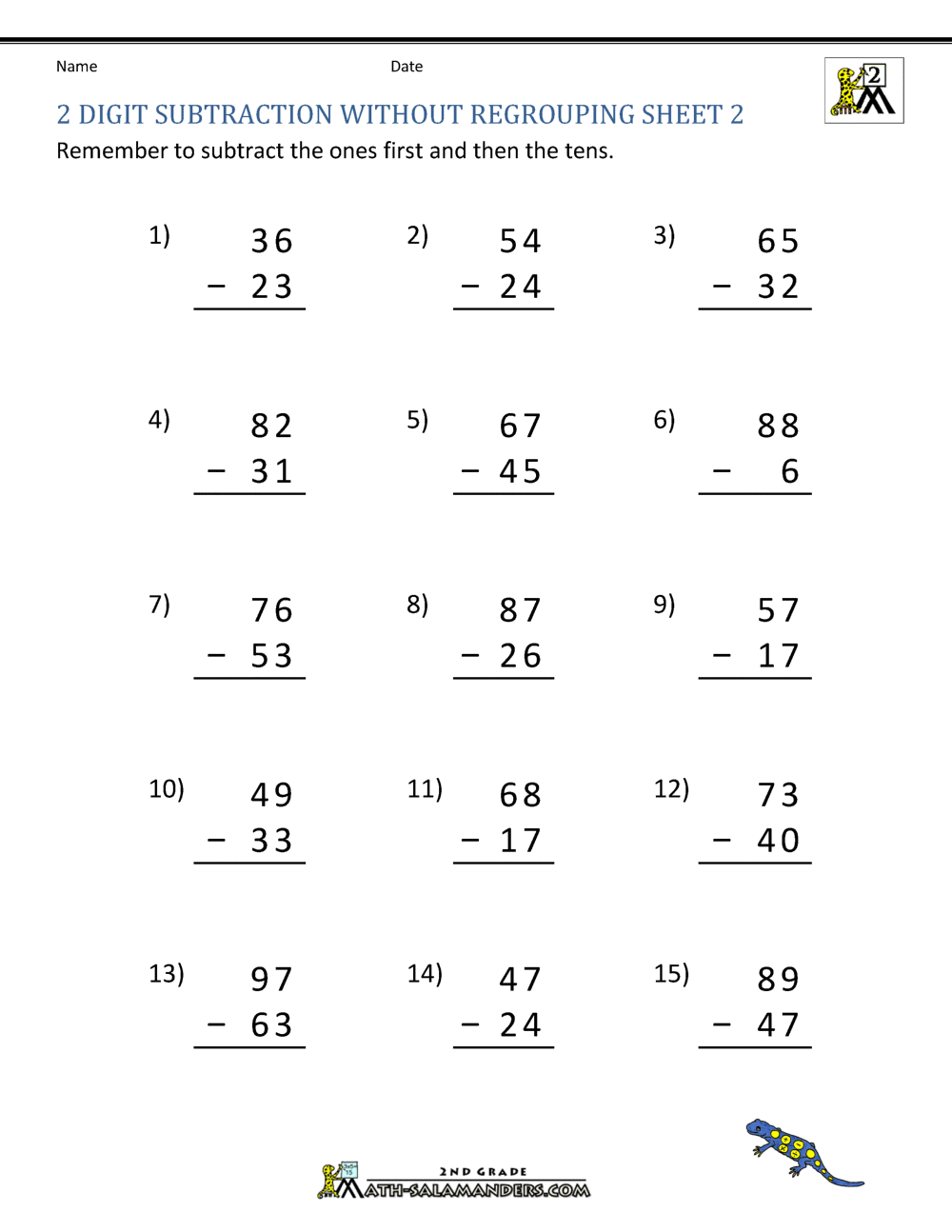 2 Digit Subtraction without Regrouping Worksheets