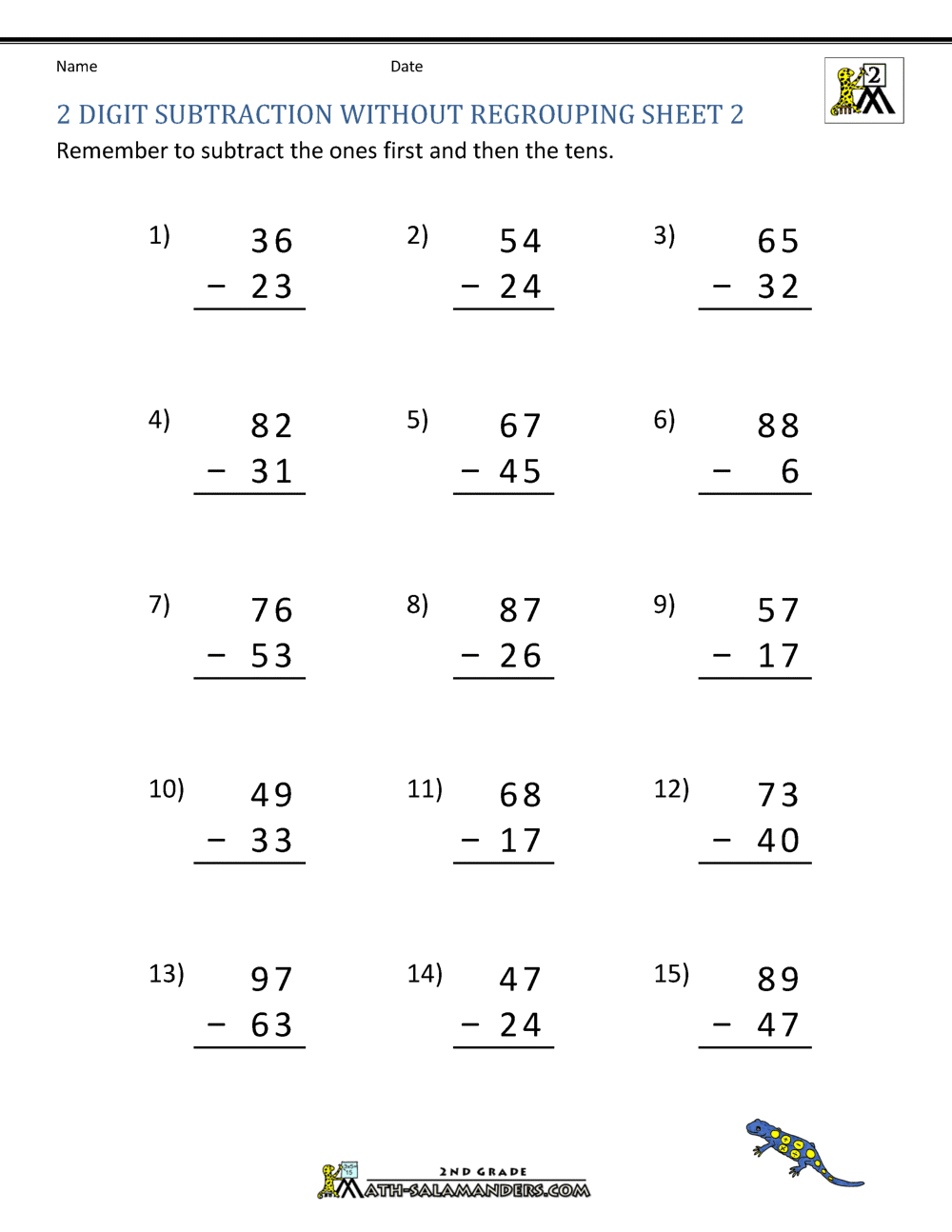 2 Digit Subtraction Without Regrouping Worksheets