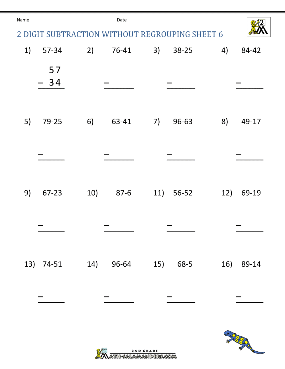 2 Digit Subtraction Without Regrouping Worksheets