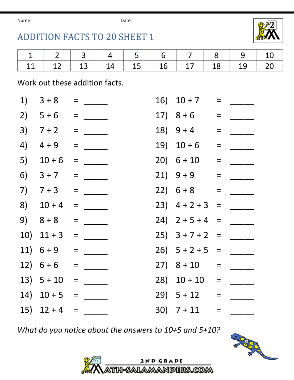 Math Addition Facts To 20 20