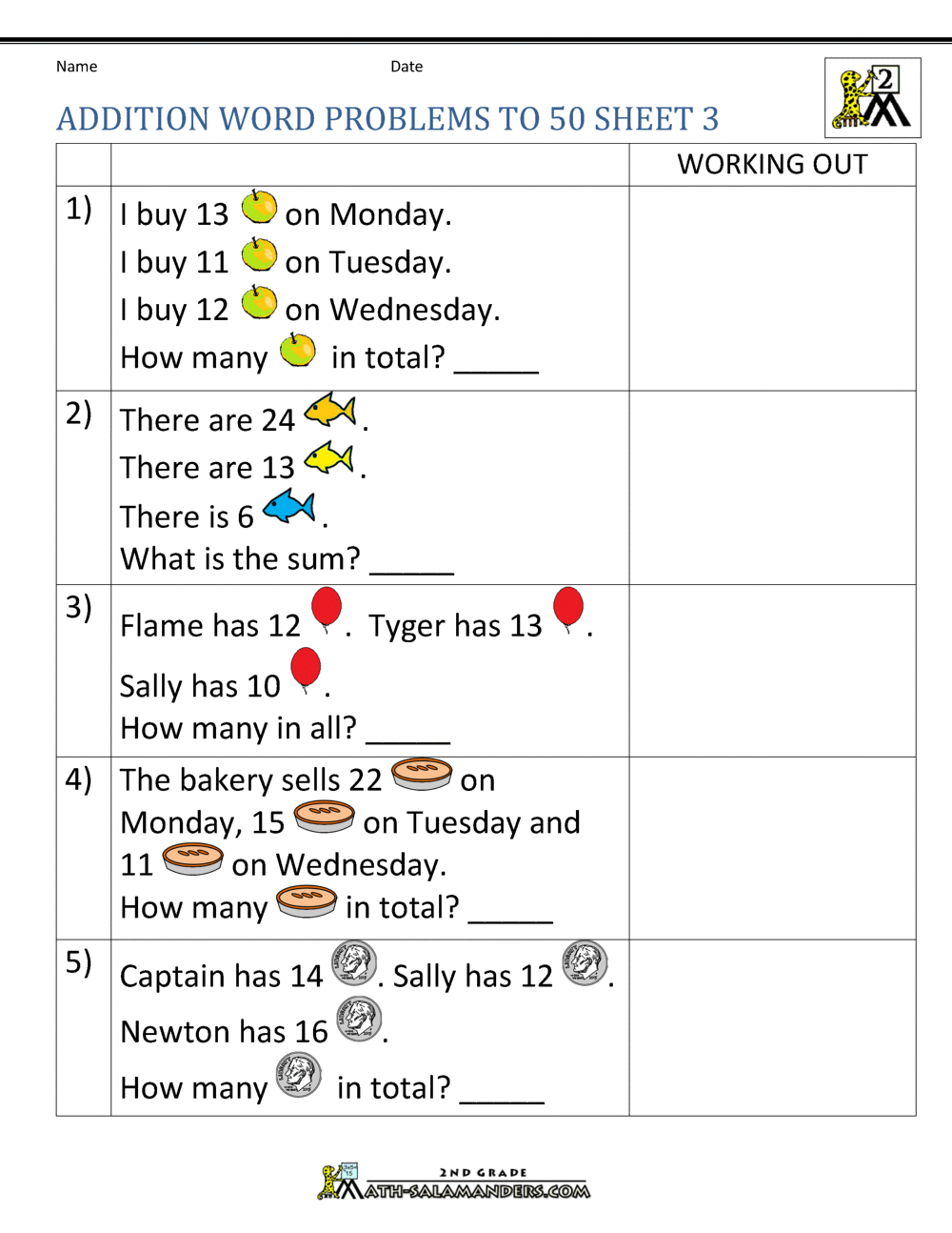 Addition Word Problems 2nd Grade