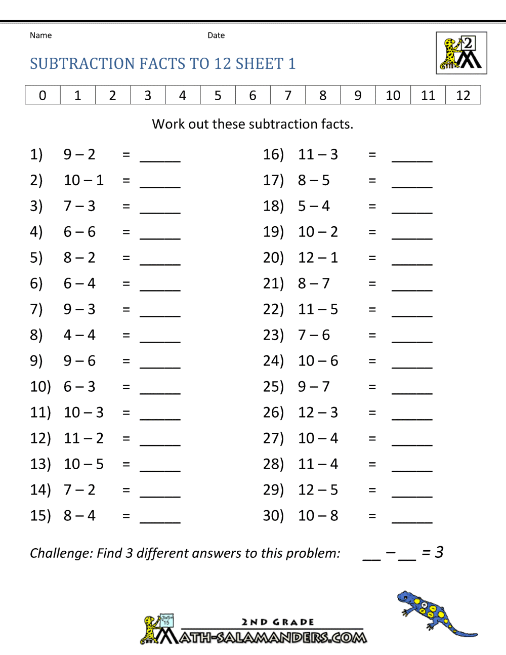 Free Subtraction Worksheets To 12