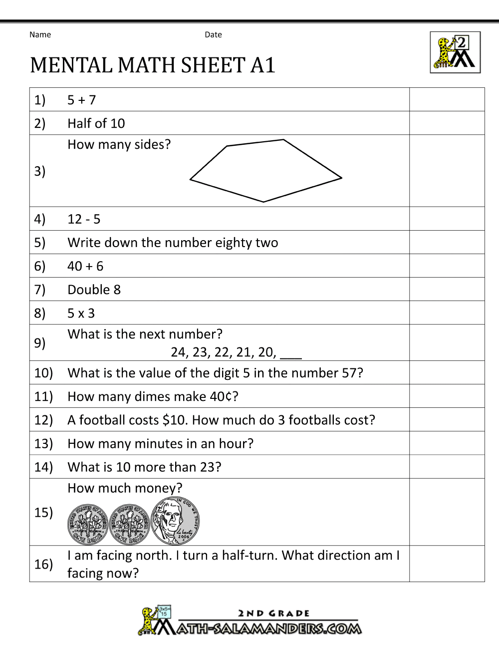 2nd Maths Worksheet