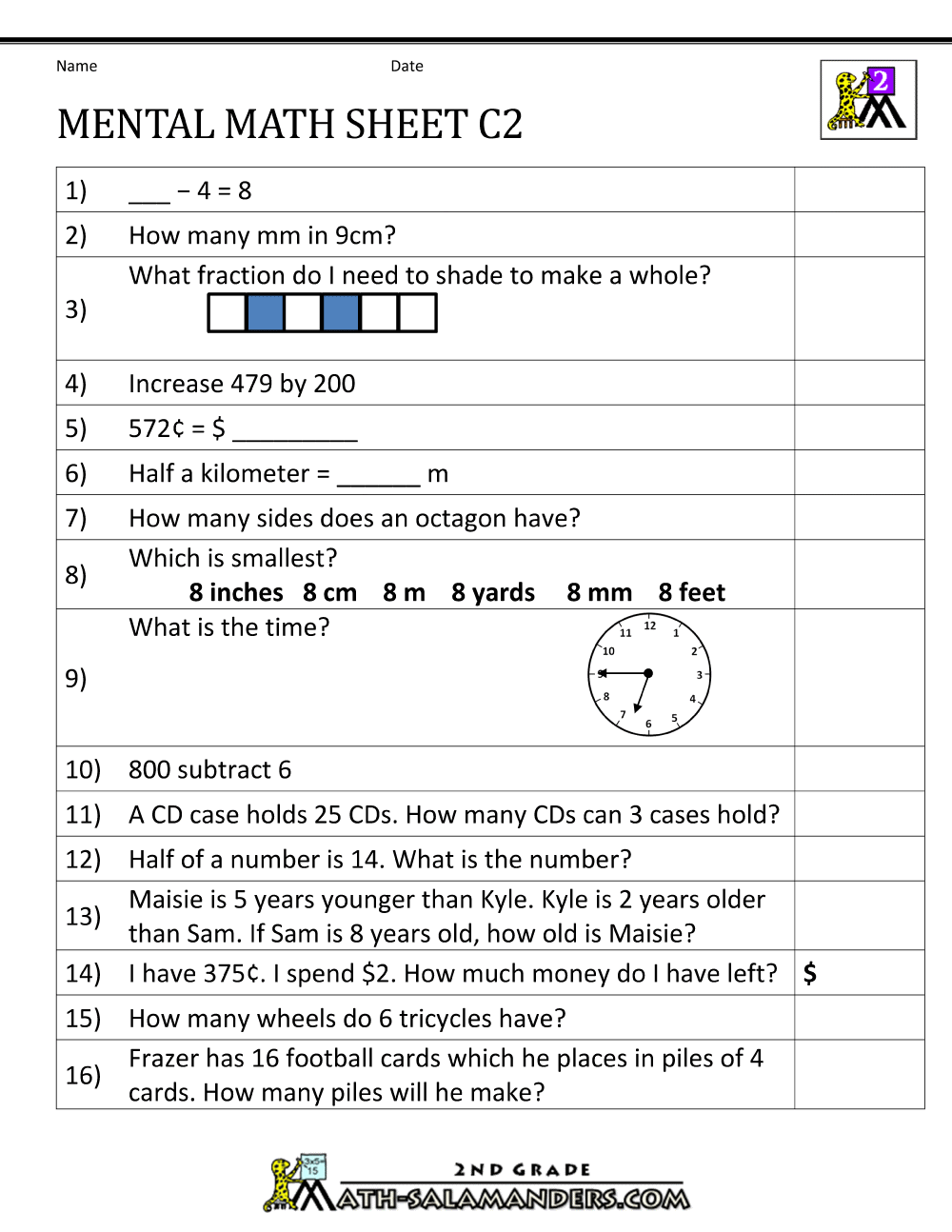 Free Printable Mental Maths Worksheets For Grade 2