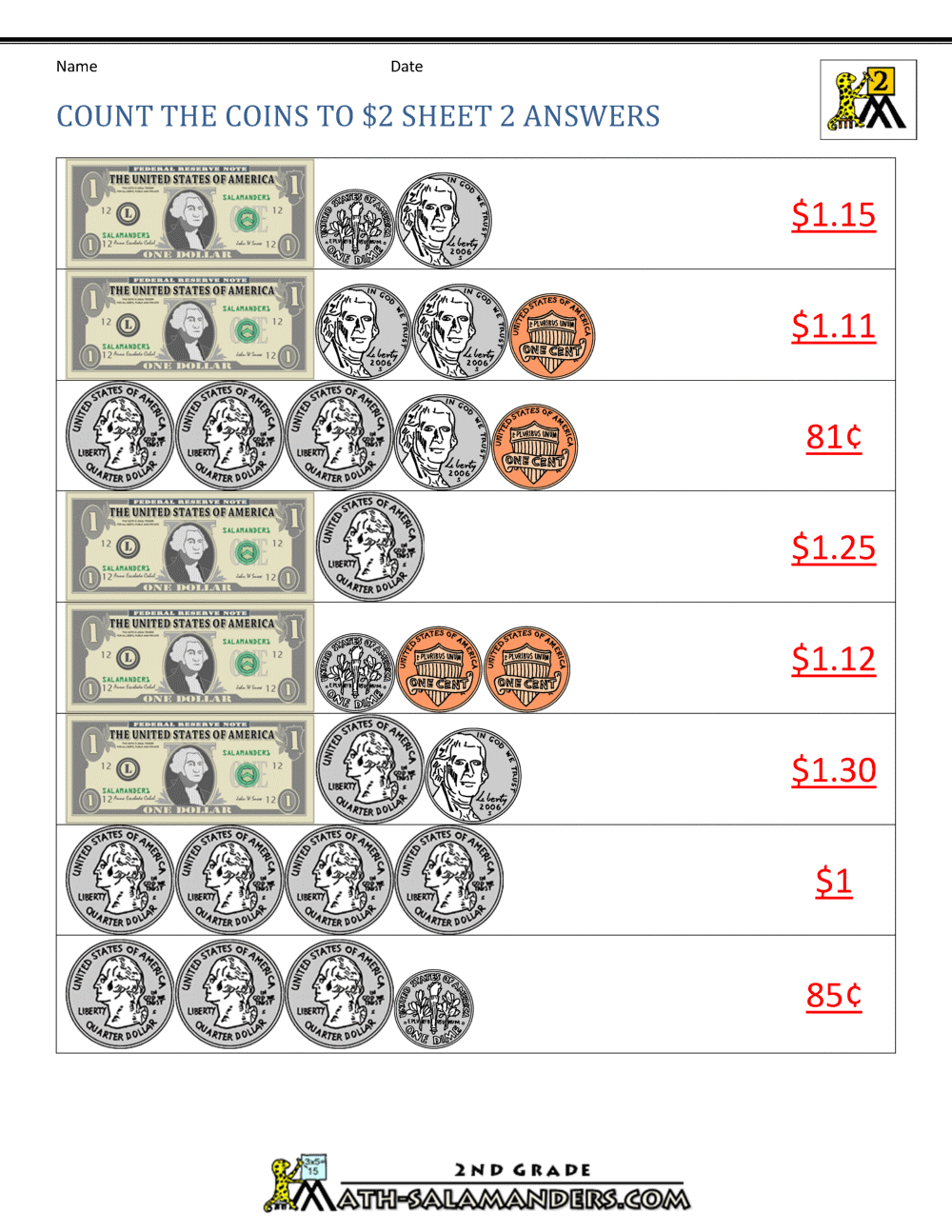 2nd grade money worksheets up to 2