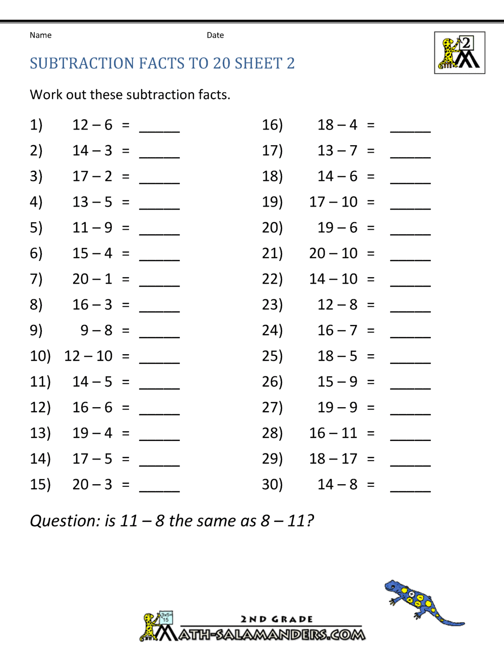 Subtraction From 20 Worksheets Printable Calendar Blank