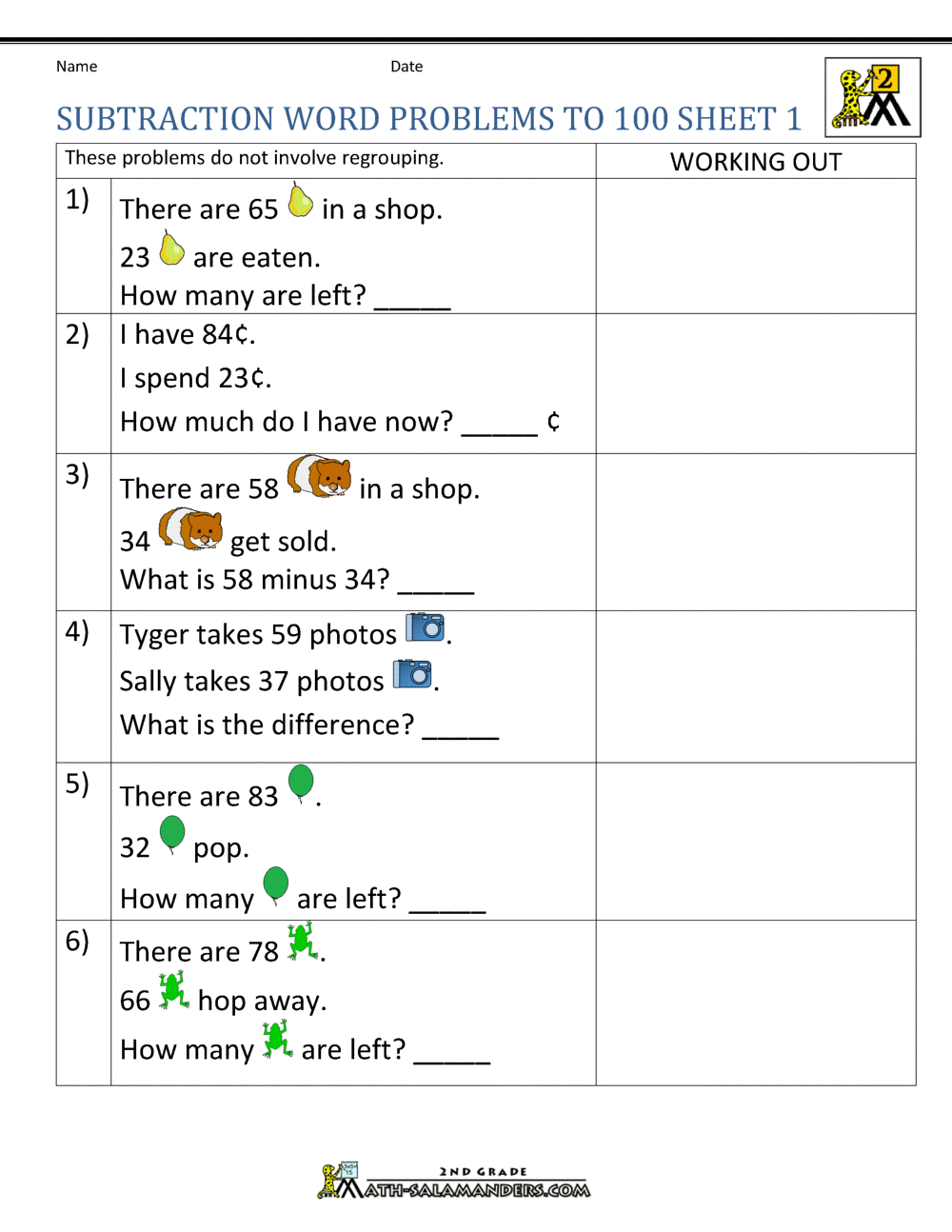 Subtraction Word Problems 2nd Grade