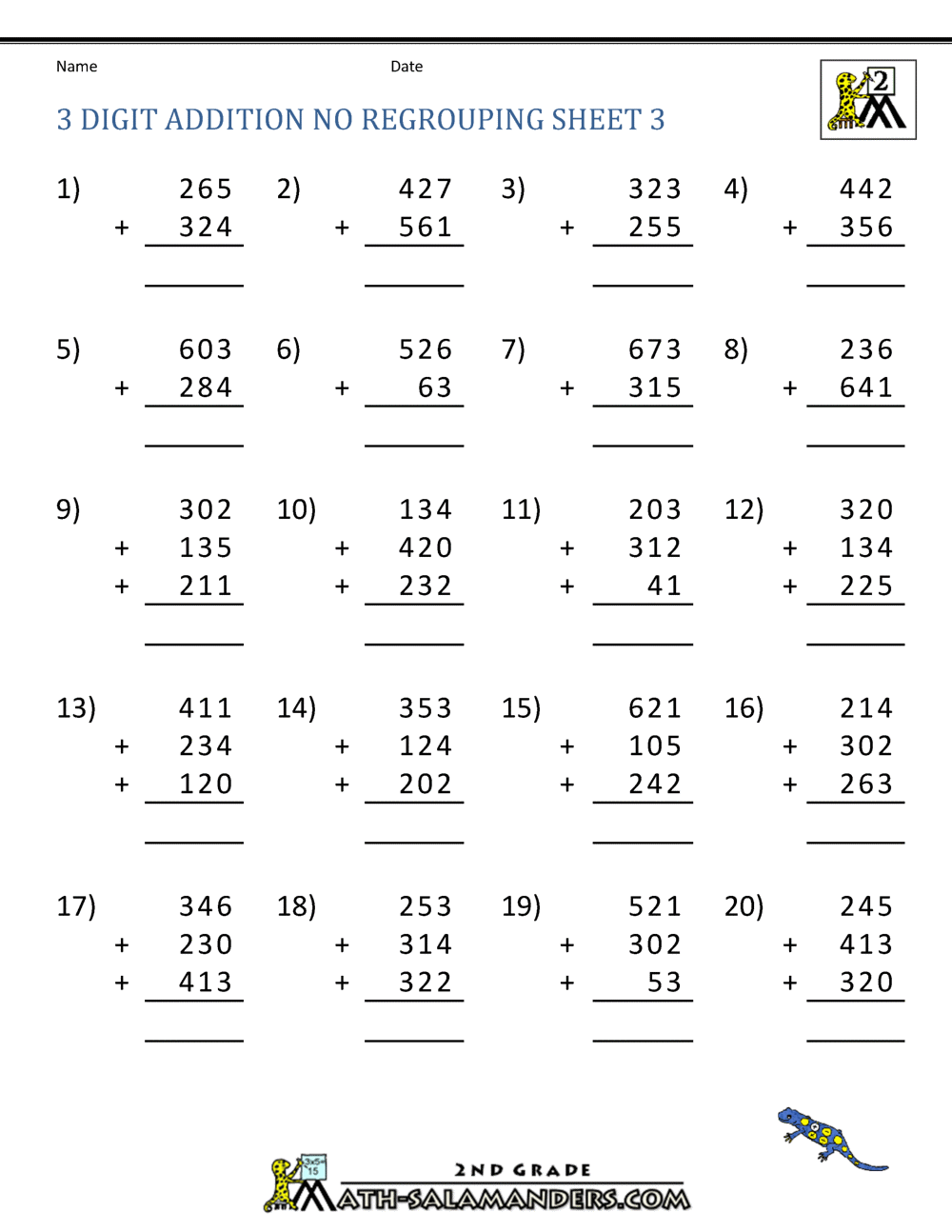 3 Digit Addition No Regrouping Worksheets