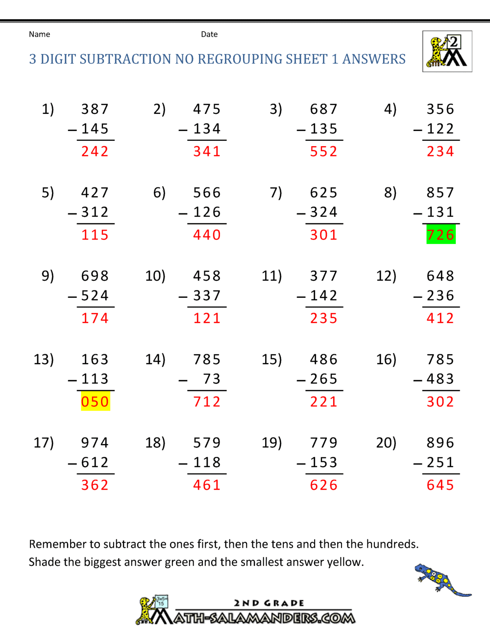 Three Digit Subtraction Without Regrouping Worksheets