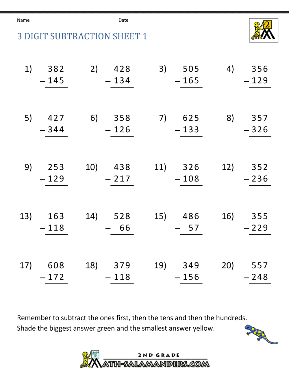 3 Digit Subtraction Regrouping Math Worksheets