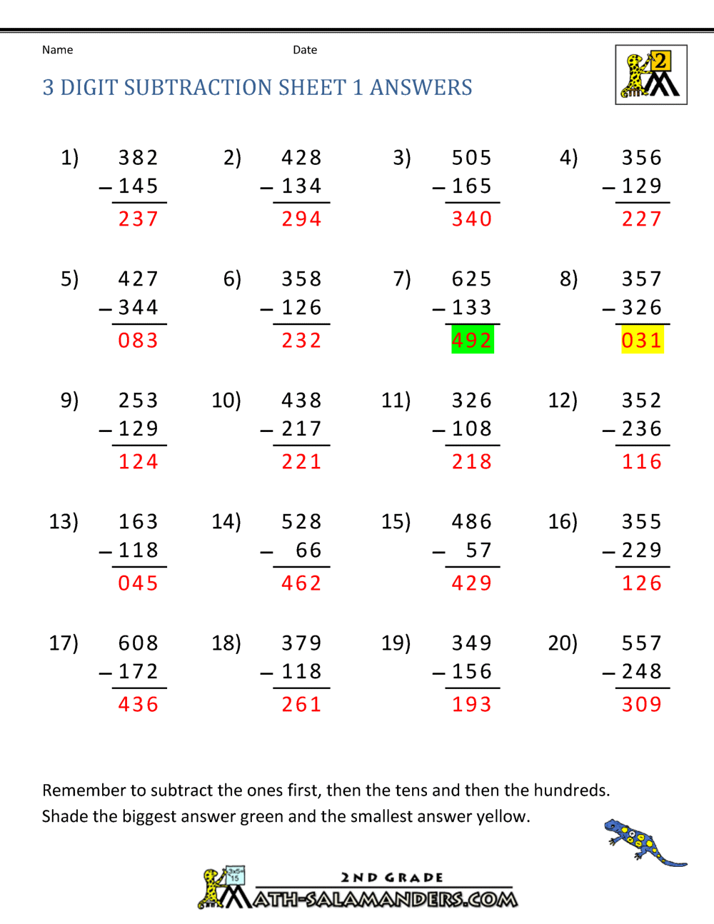 Three Digit Subtraction With Regrouping Worksheets