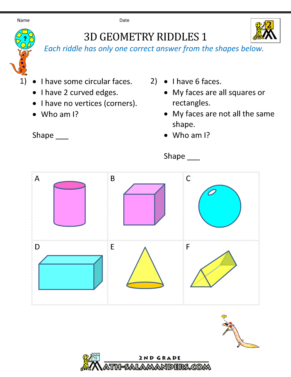 Free Geometry Worksheets 2nd Grade Geometry Riddles
