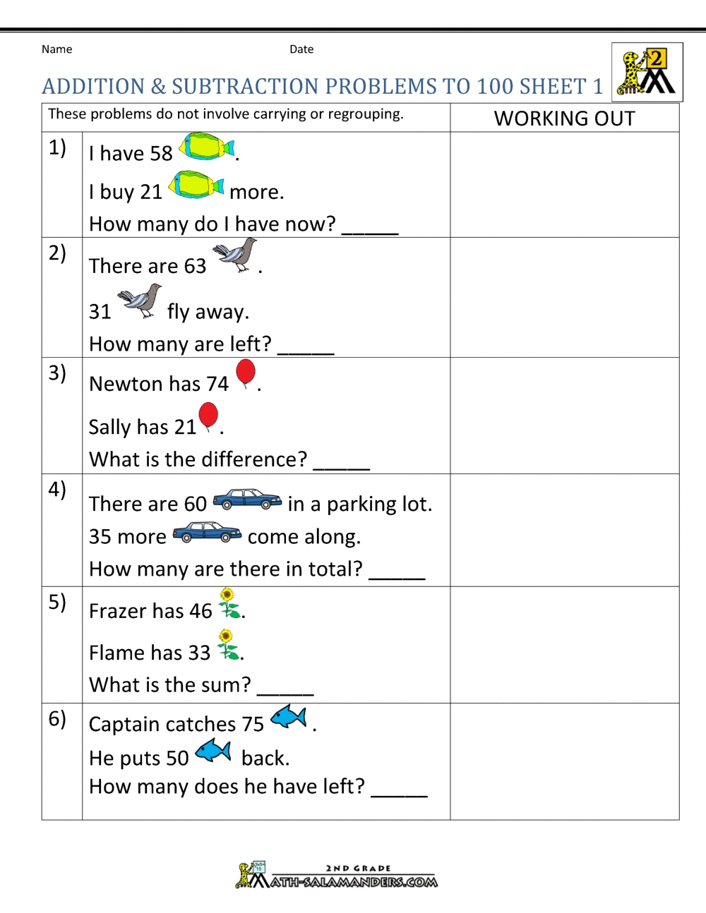 2nd grade math worksheets word problems