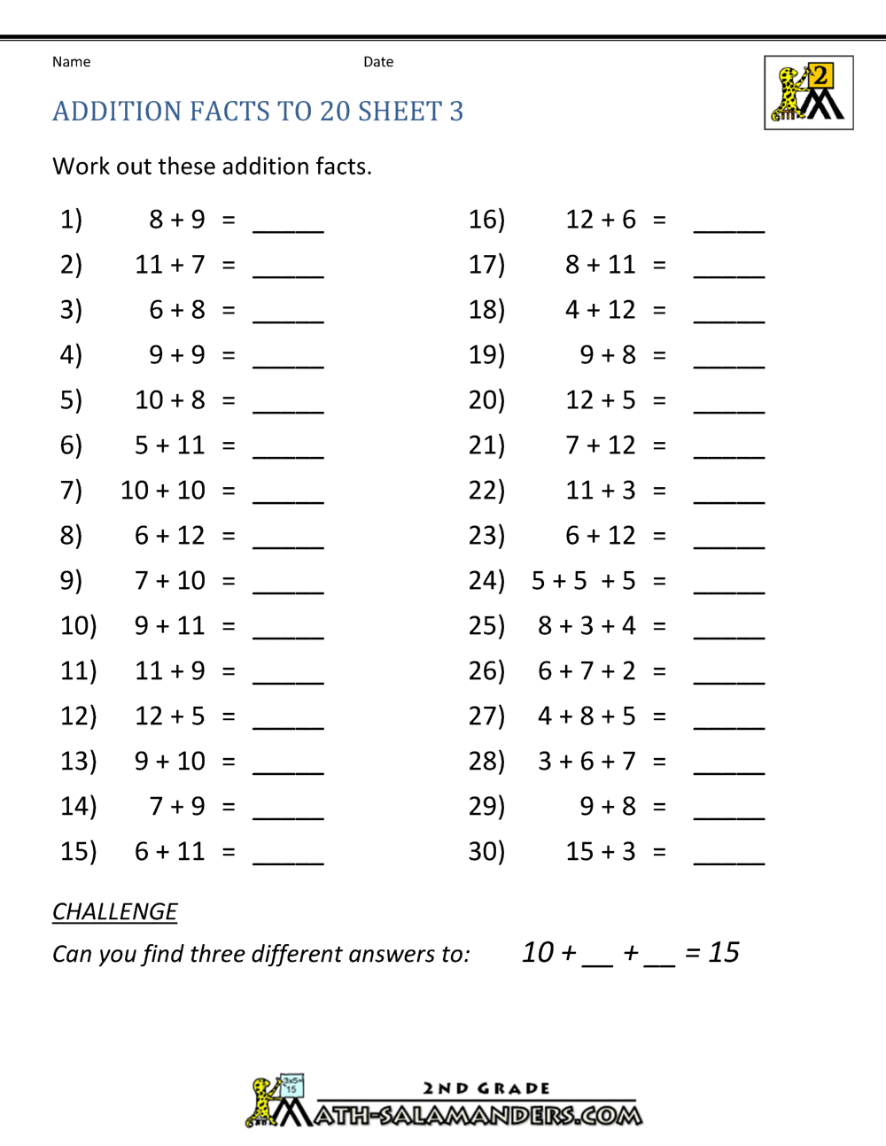 Addition Up To 20 Worksheets