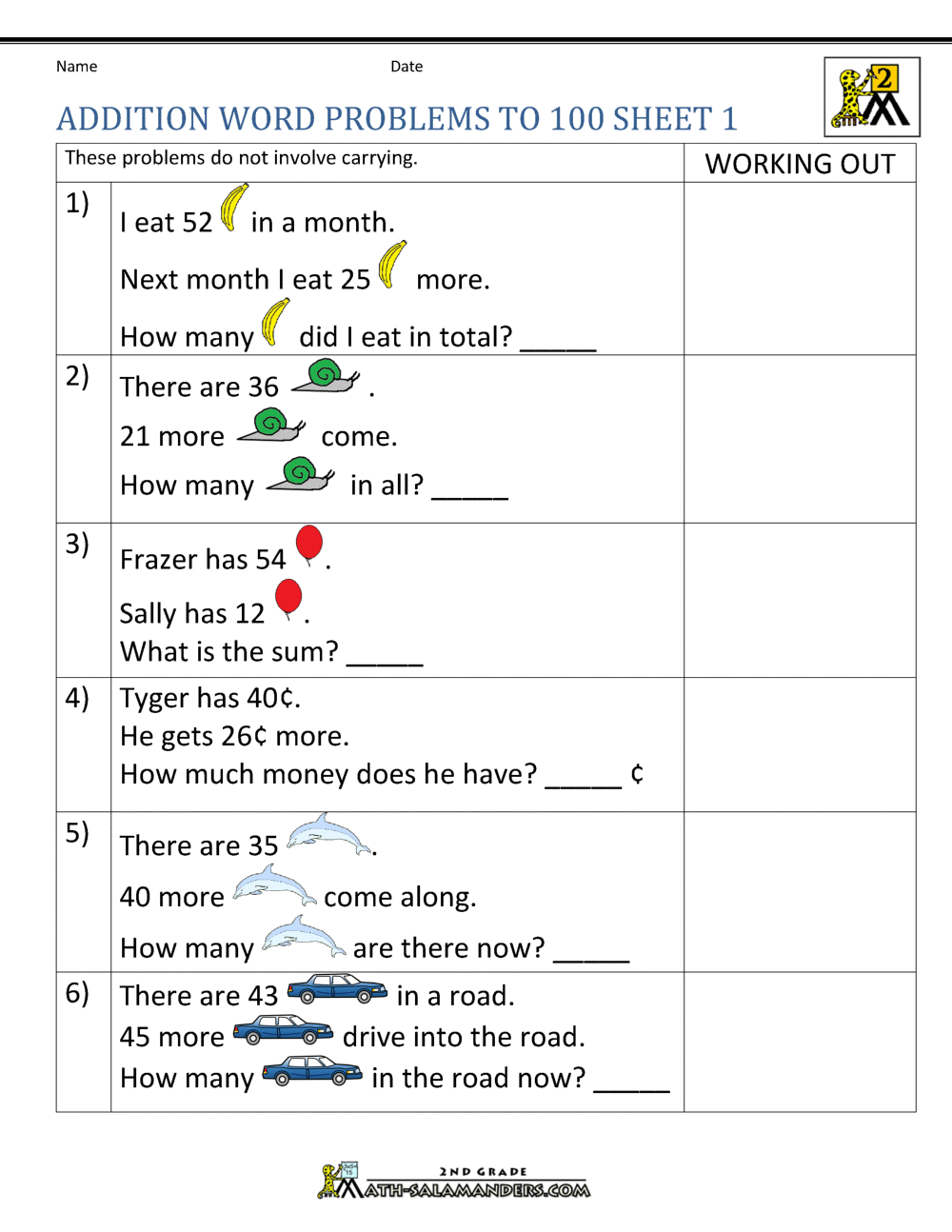 Addition Word Problems 2nd Grade