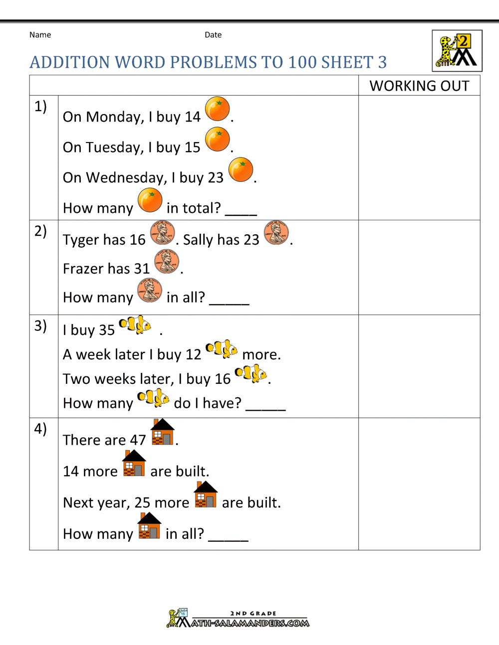 Addition Word Problems 2nd Grade