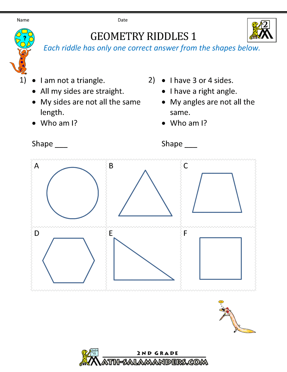 2nd grade geometry worksheets