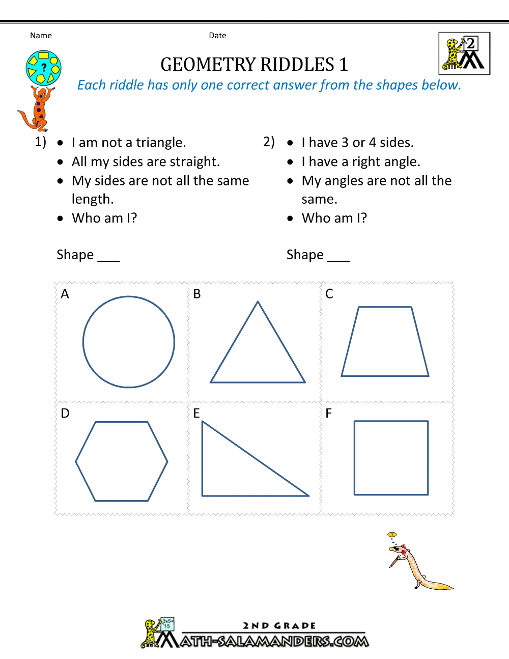 Free Geometry Worksheets 2nd Grade Geometry Riddles