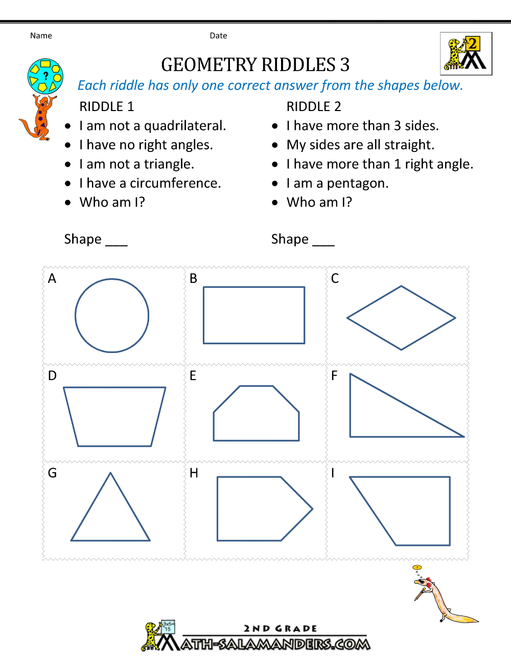 Geometry Worksheet Printable With Answers Free