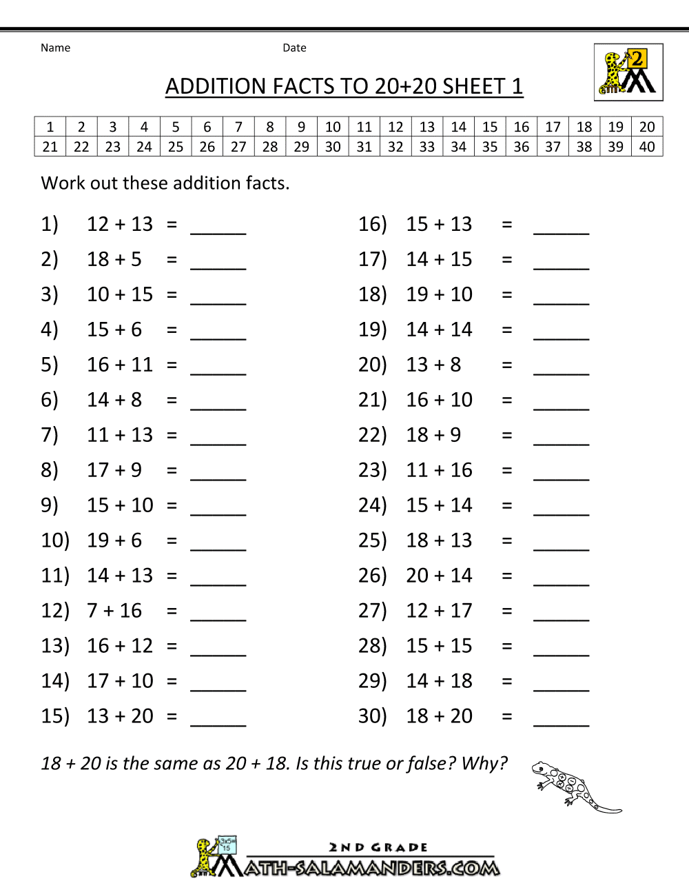 Math Addition Facts To 20 20