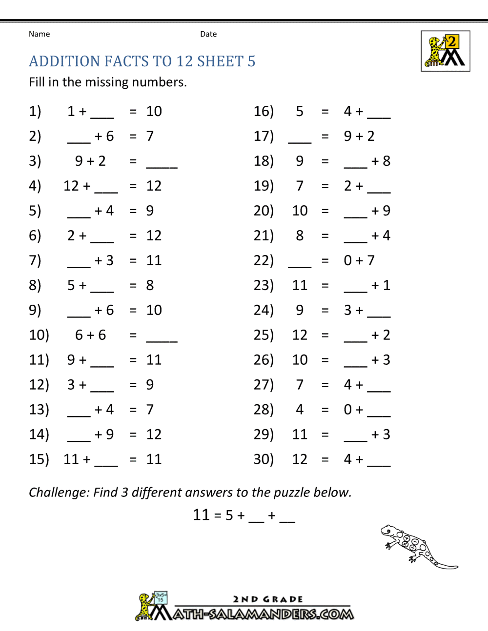 Addition Facts Table Printable