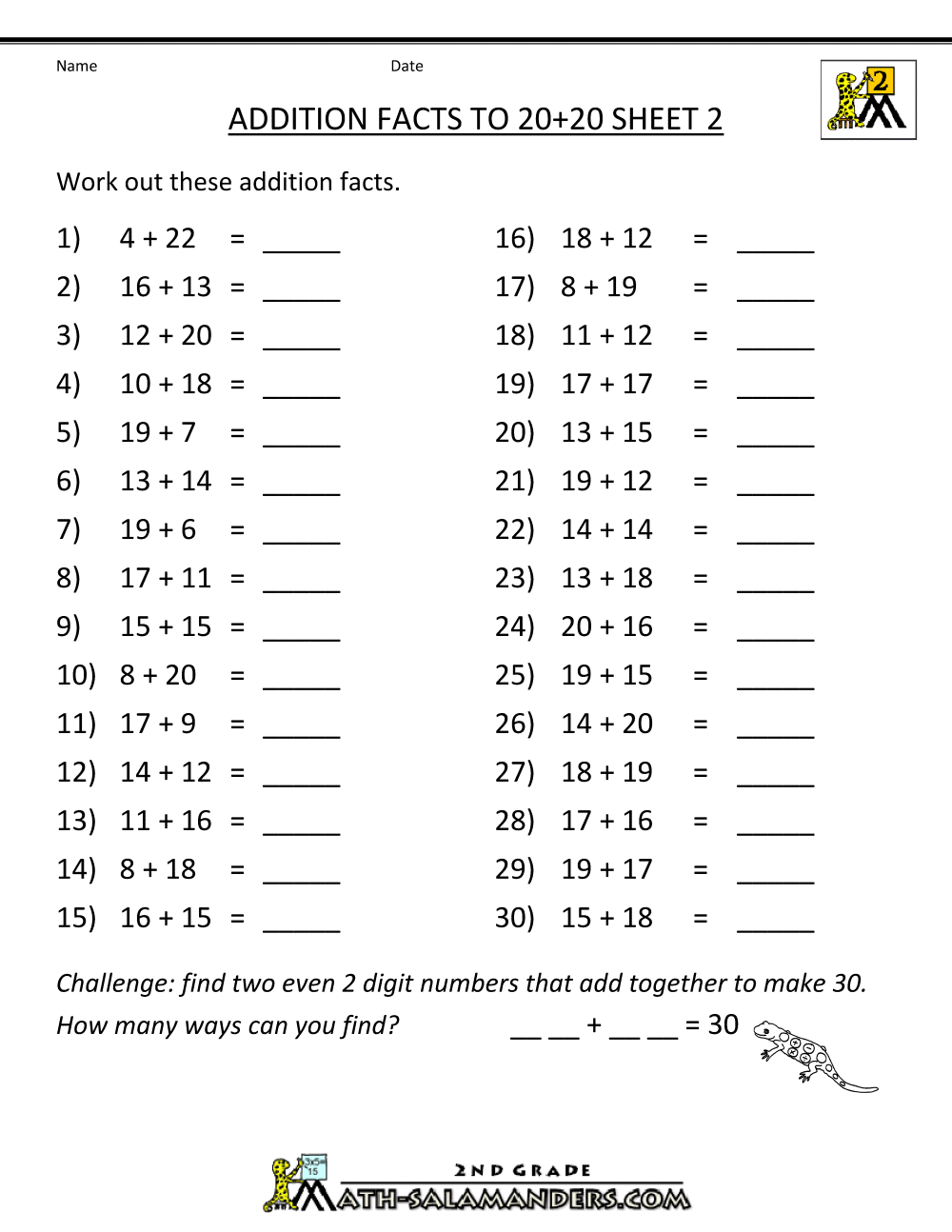Addition Facts To 20 Printable Worksheets - Printable Word Searches