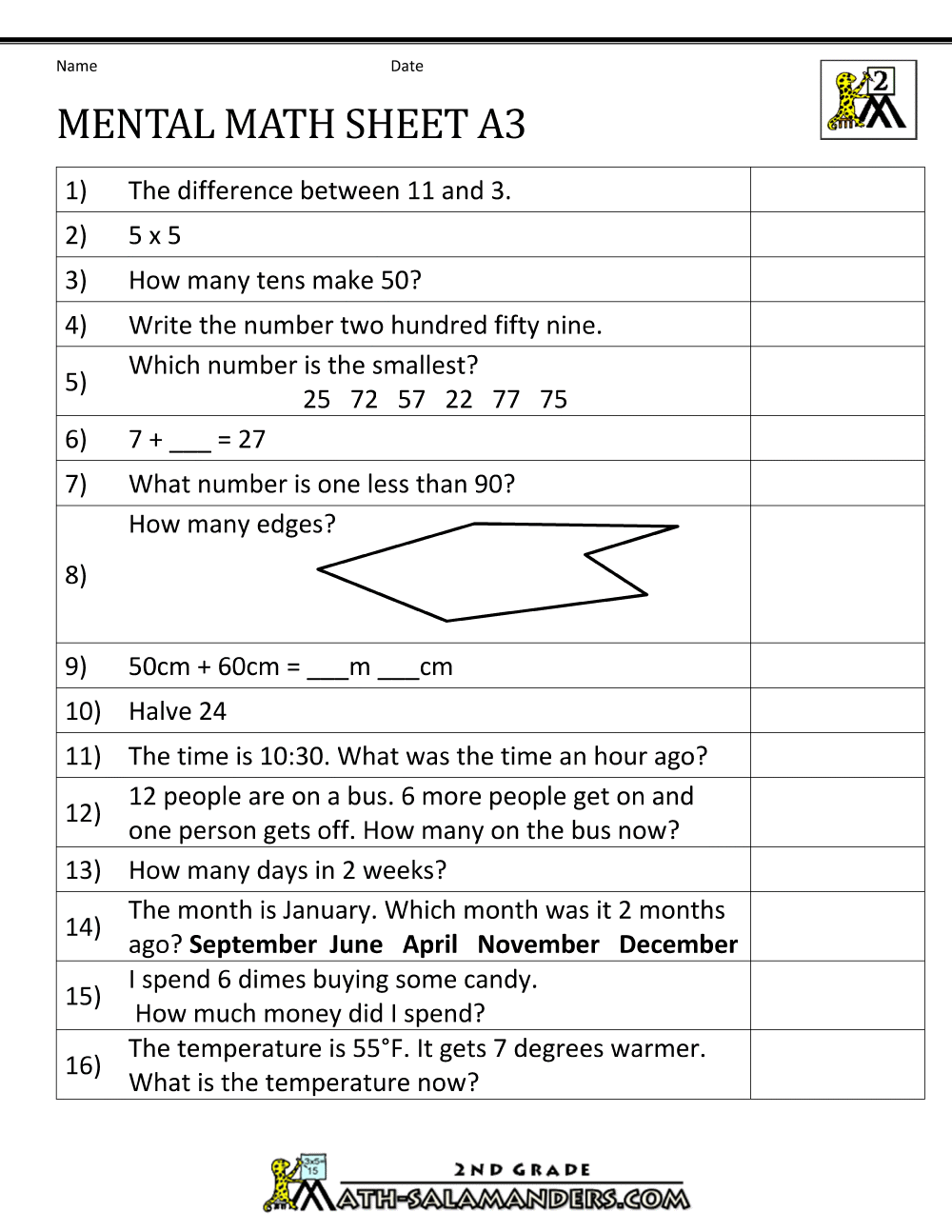 2nd Grade Mental Math Worksheets