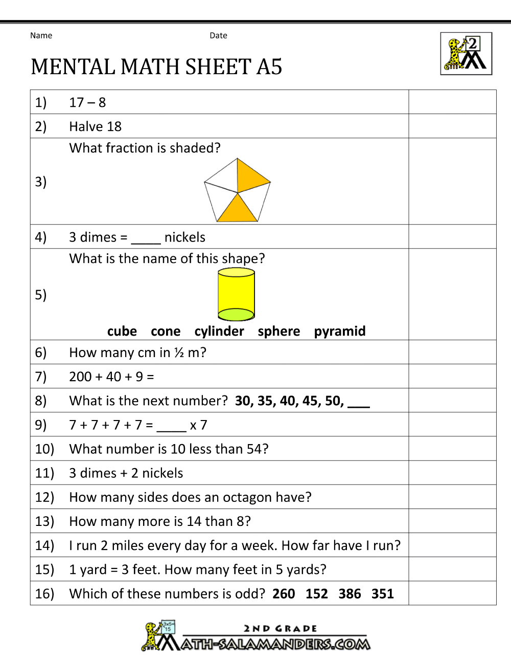 2nd Grade Mental Math Worksheets