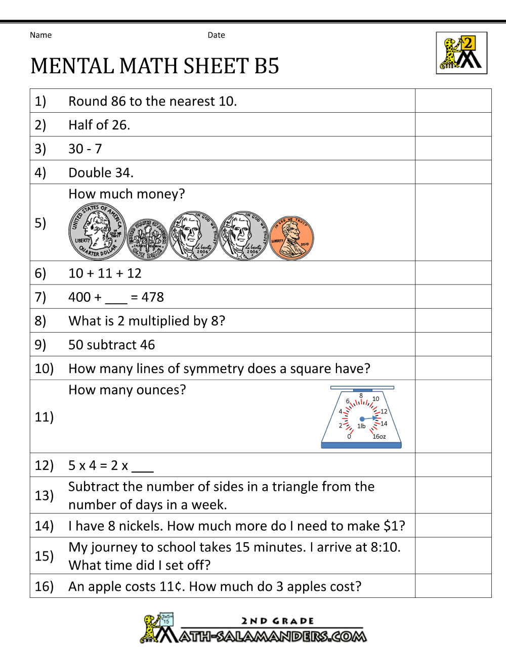 2nd Math Worksheet