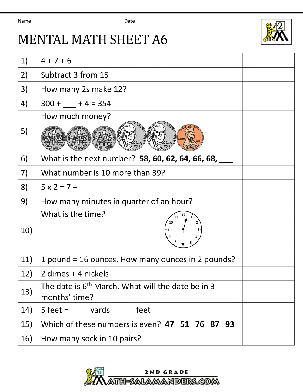 2nd Grade Mental Math Worksheets Pdf