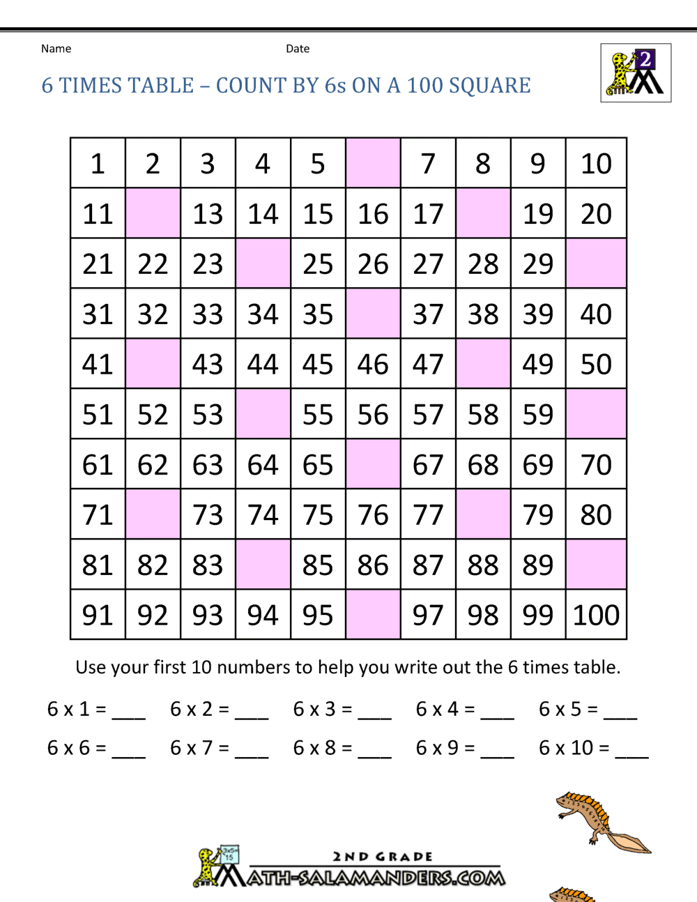 6 times table chart printable