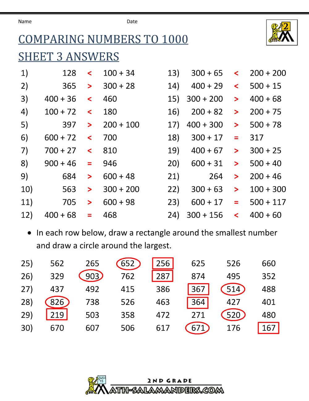 Comparing Numbers To 1000