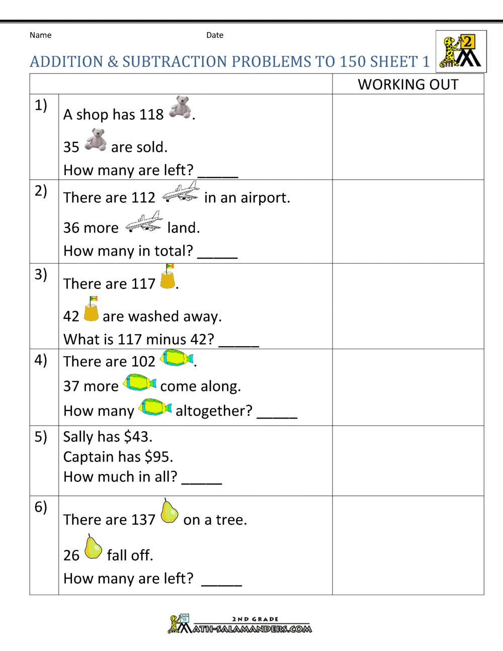 3rd Grade Math Worksheets Addition And Subtraction Word Problems
