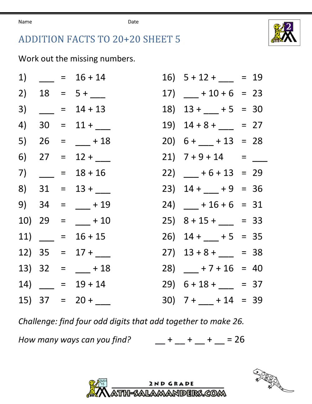 Printable Addition Table Facts To 20