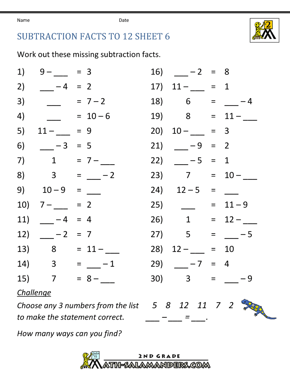 Free Subtraction Worksheets To 12