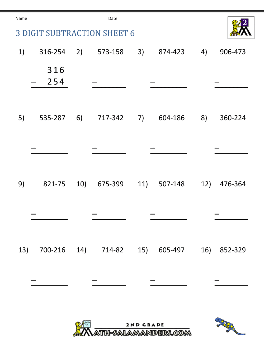 3 Digit Regrouping Subtraction Worksheets
