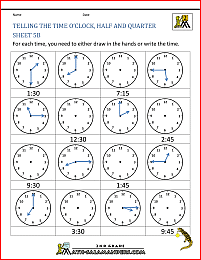 Time Worksheet O'clock, Quarter, and Half past