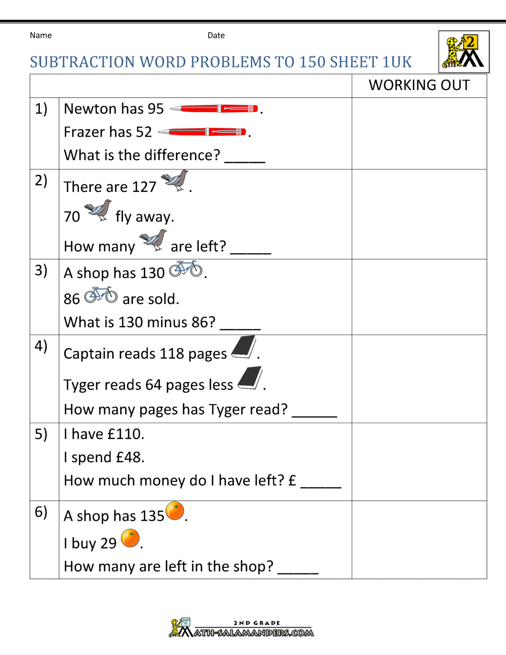 Subtraction Word Problems 2nd Grade