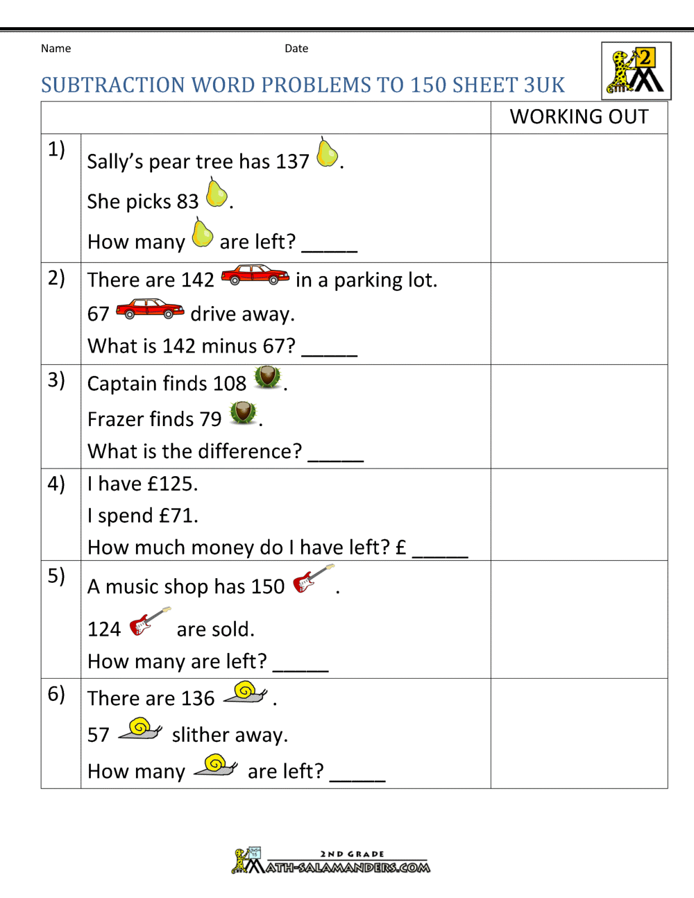 Subtraction Word Problems 2nd Grade